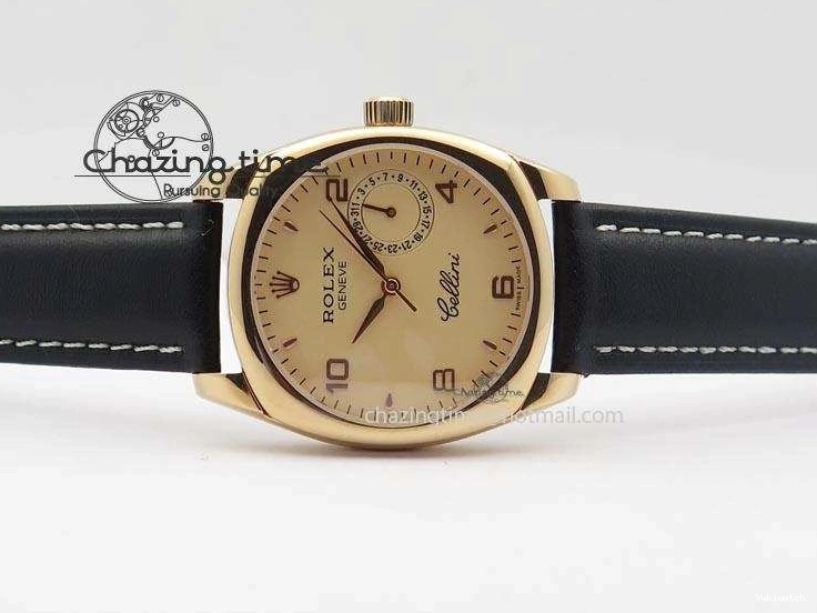 A2824 Cellini Markers Numeral Leather Date RG Rose Black Dial On Gold Strap 0721